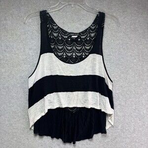 VTG Y2K Wet Seal Top Small Black & White Stripe Crochet Eyelet Lace Back Crop